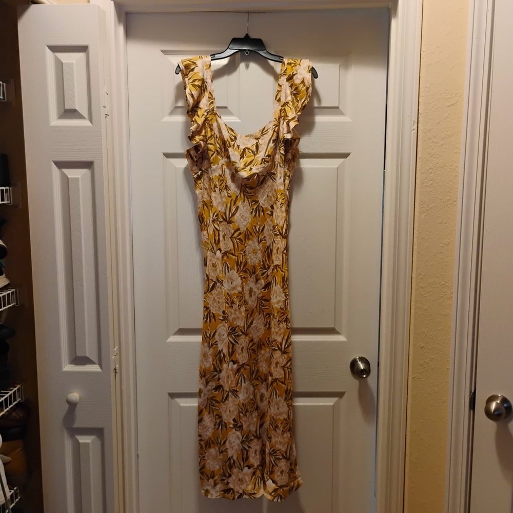 Madewell Floral Ruffle Sleeve Maxi Dress Yellow Fall Color Cupra Viscose Size 14